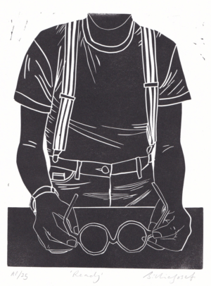 linocut print of artist torso David Hockney