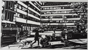 A view of the Tavistock Centre, 120 Belsize Lane, with a woman pushing a pram along the road